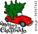 Red retro car with green Christmas tree on the roof. Sketch vector illustration for greeting card. Merry Christmas lettering. 94047442