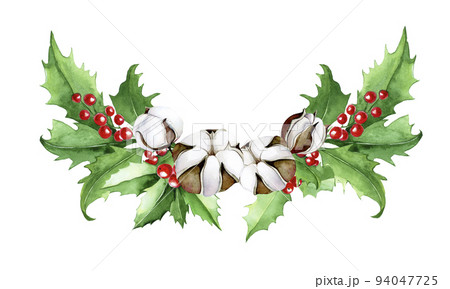 watercolor drawing Christmas composition, bouquet of holly leaves and berries and cotton flowers. clip art, decoration for new year, christmas 94047725