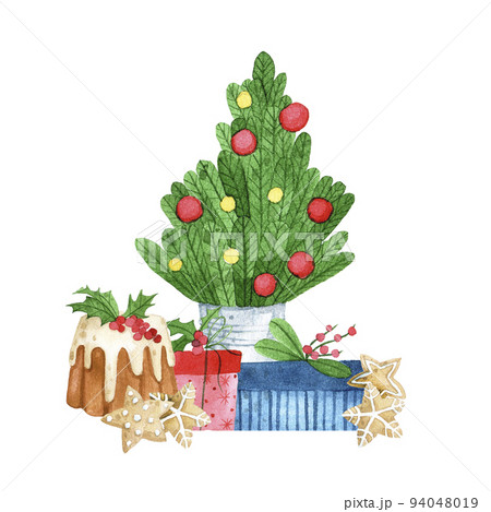 watercolor drawing in the style of cartoon. christmas composition tree christmas gifts. greeting card. watercolor drawing in the style of cartoon. christmas composition tree christmas gifts. greeting card. 94048019