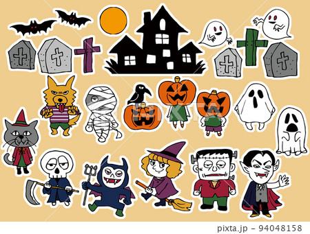 かわいいハロウィンキャラクター素材セット・背景色あり 94048158