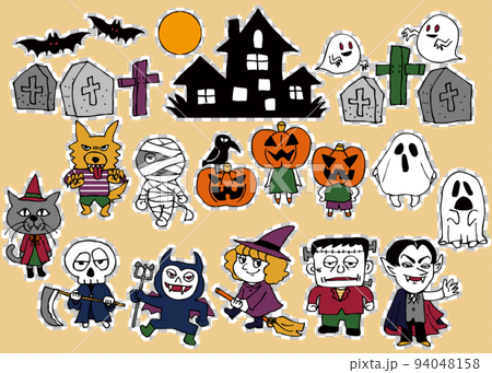 かわいいハロウィンキャラクター素材セット・背景色あり 94048158
