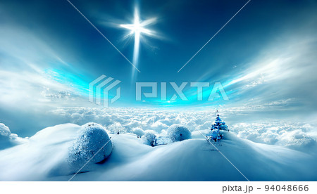 3D Render Merry Christmas HD Blue Sky Wallpaper. Beautiful artwork seasonal illustration and copy space background. 94048666