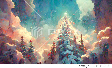Fairy forest, christmas big snowy fir trees against background. Natural Scenery Realistic Illustration. 3D Render beautiful artwork. Colorful Impressionism. 94048687