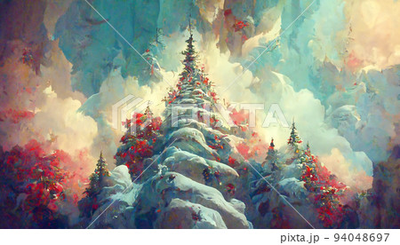 Fairy forest, christmas big snowy fir trees against background. Natural Scenery Realistic Illustration. 3D Render beautiful artwork. Colorful Impressionism. Fairy forest, christmas big snowy fir trees against background. Natural Scenery Realistic Illustration. 3D Render beautiful artwork. Colorful Impressionism. 94048697