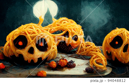 3D Illustration of a Halloween Concept Background. Halloween skull pasta with red eyes in the dish for celebration party decoration. 94048812