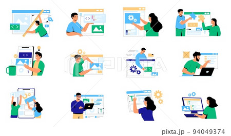 Web development concept. Modern characters creating mobile web page, software developers working on corporate UI, code and program for website. Vector isolated set 94049374