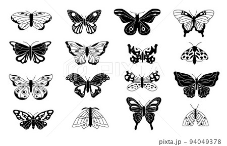 Butterflies silhouettes. Black sketches of flying winged insects, monochrome doodle butterfly contours for tattoo, engraving, decoration. Vector isolated set 94049378