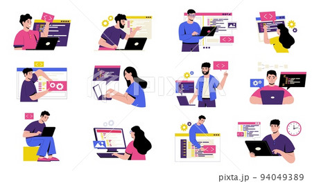 Coding characters concept. Cartoon developers working on web programming and application development, software testing metaphors flat style. Vector isolated set 94049389