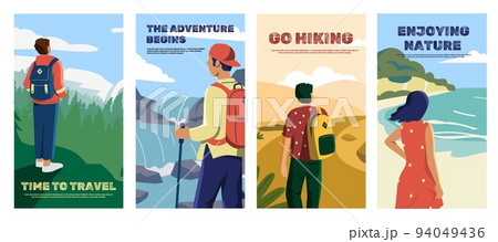 Travel and hiking posters. Cartoon people enjoying nature and look in the sky, adventurers and travelers in wild nature. Vector touristic flyers collection 94049436