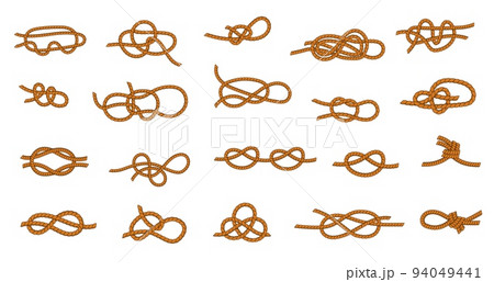 Rope knot. Marine and nautical ties and threads for boating and sailing, different types of tying knots graphic collection. Vector knotted rope set Rope knot. Marine and nautical ties and threads for boating and sailing, different types of tying knots graphic collection. Vector knotted rope set 94049441