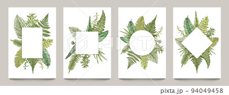 Vintage posters with botanical borders. Empty banners mockup with rural hand drawn herbs and leaves, blank wedding invitations and greeting cards. Vector set 94049458