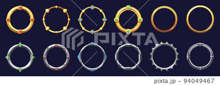 Game round interface frames. Cartoon UI circle game asset items, empty golden medieval silver textured borders for GUI design. Vector sprite graphic set 94049467