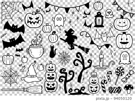 ハロウィン 手描きイラスト 素材セット モノクロ のイラスト素材