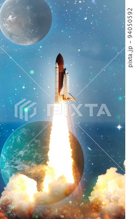 Launched rocket in flight, night starry sky background. Rocket starts into space concept.Elements of this image furnished by NASA 94050592