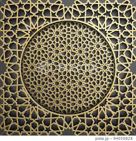 Islamic ornament vector , persian motiff . 3d ramadan islamic round pattern elements . Geometric circular ornamental arabic symbol vector . Gold background 94050828