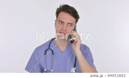 Young Doctor Talking on Phone on White Background 94051602