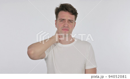 Young Man with Neck Pain on White Background 94052081