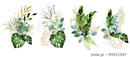 watercolor drawing. bouquet of tropical leaves with golden shining elements. green and gold leaves of palm, monstera, banana. composition, design 94052097