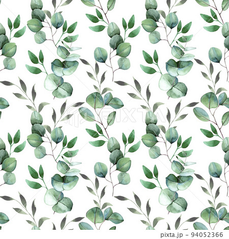 watercolor seamless pattern with green eucalyptus leaves on a white background. minimalistic delicate print. watercolor seamless pattern with green eucalyptus leaves on a white background. minimalistic delicate print. 94052366