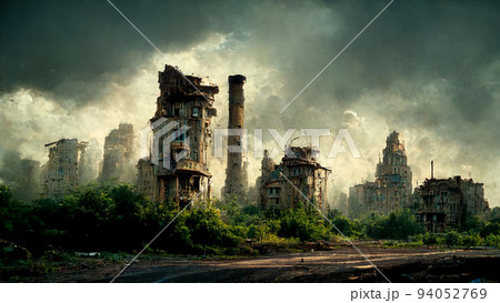 Concept art illustration of abandoned postapocalyptic city 94052769