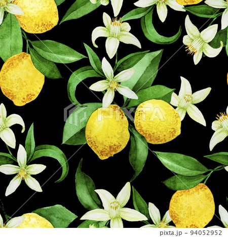 seamless watercolor pattern with lemons. yellow lemons, flowers and leaves on a dark background. vintage print 94052952