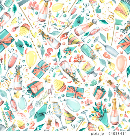 Watercolor illustration, seamless pattern on a white background from a large set of HAPPY BIRTHDAY. With cake, champagne, flowers, confetti, balloons, gifts, candles and numbers. 94053414
