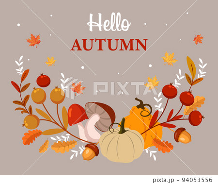 Pumpkins, mushrooms, acorns, rowan and maple leaves on a beige background. Autumn print, postcard, frame, vector Pumpkins, mushrooms, acorns, rowan and maple leaves on a beige background. Autumn print, postcard, frame, vector 94053556