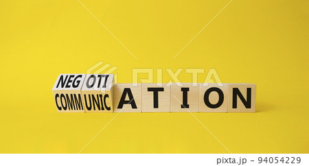 Negotiation vs Communication symbol. Turned cubes with words Negotiation and Communication. Beautiful yellow background. Business concept. Copy space Negotiation vs Communication symbol. Turned cubes with words Negotiation and Communication. Beautiful yellow background. Business concept. Copy space 94054229