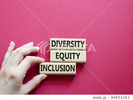 Diversity Equity Inclusion symbol. Concept words Diversity Equity Inclusion on wooden blocks. Beautiful red background. Bisinessman hand. Business and Diversity Equity Inclusion concept. Copy space Diversity Equity Inclusion symbol. Concept words Diversity Equity Inclusion on wooden blocks. Beautiful red background. Bisinessman hand. Business and Diversity Equity Inclusion concept. Copy space 94054261