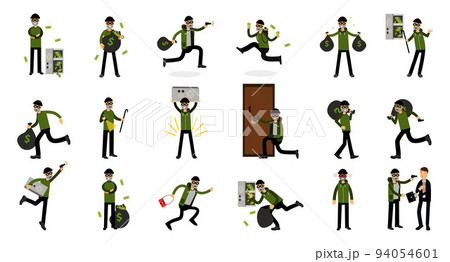 Masked Thief Stealing Money Committing Robbery and Theft Big Vector Set 94054601