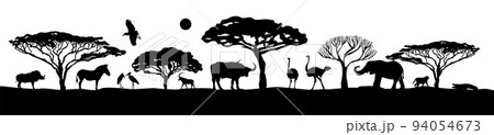 African landscape with animals. An African safari animal silhouette landscape scene. Vector illustration 94054673