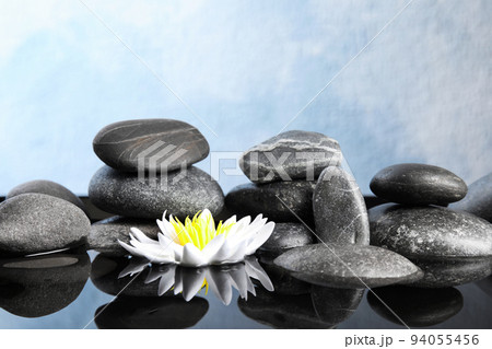 Beautiful zen garden with lotus flower and pond on light blue background Beautiful zen garden with lotus flower and pond on light blue background 94055456