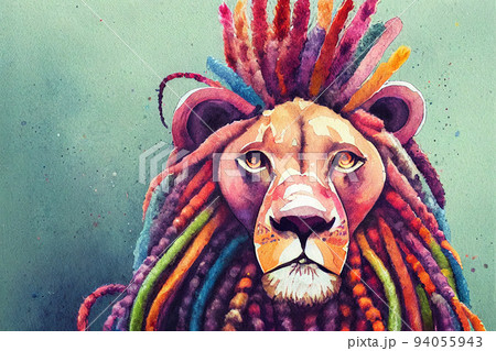 Colorful portrait. Lion. Watercolor colorful image. Digital painting. 94055943