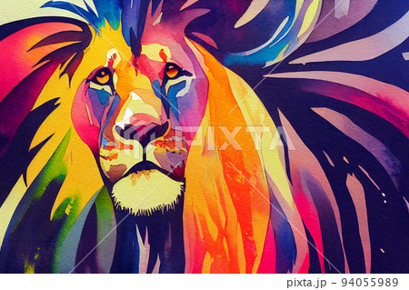 Colorful portrait. Lion. Watercolor colorful image. Digital painting. 94055989
