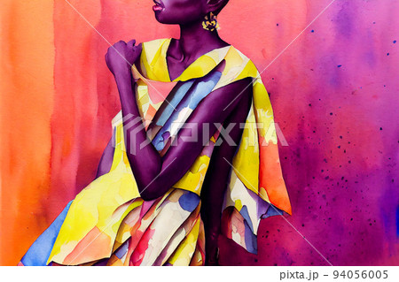 Portrait of beautiful African woman. Traditional turban, Kente head wrap African, Traditional dashiki printing, black afro women with traditional batik, ethnic illustration 94056005