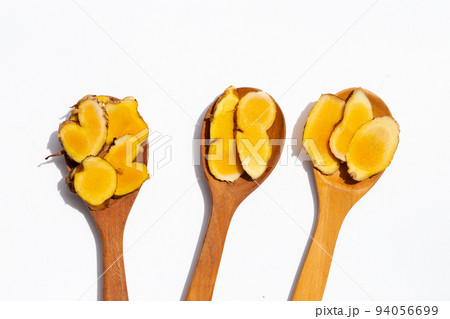 Phlai slices, Cassumumr ginger or zingiber montanum on white background. Phlai slices, Cassumumr ginger or zingiber montanum on white background. 94056699