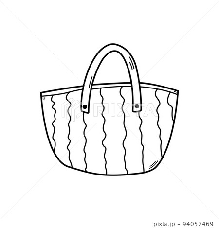 Hand drawn monochrome beach bag doodle style, vector illustration isolated on white background. Black outline accessory for storage, handy fashionable bag, contour 94057469