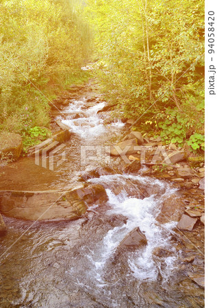 Close-up image of a small wild waterfall in the form of short streams of water between mountain stones 94058420
