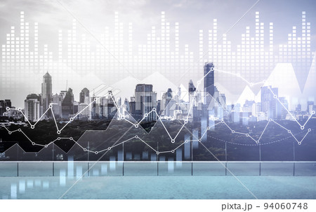 Digital screen and graph overlap modernistic cityscape for business concept. 94060748