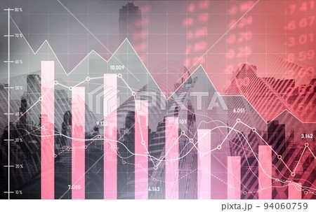 Economic crisis concept graphs falling down with modernistic urban, city area. 94060759