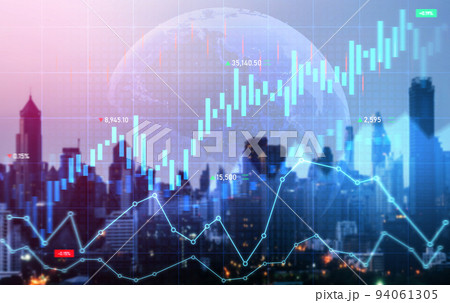 Digital screen and graph overlap modernistic cityscape for business concept. 94061305