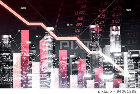 Economic crisis concept graphs falling down with modernistic urban, city area. 94061888