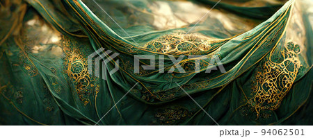 Spectacular and luxurious green and golden fabric. Digital art 3D illustration. 94062501