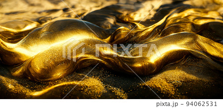 Spectacular glistening gold solid liquid waves abstract. Digital 3D illustration 94062531