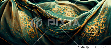 Spectacular and luxurious green and golden fabric. Digital art 3D illustration. 94062576