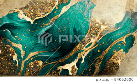 Spectacular dark teal and gold ink swirled around. Digital art 3D illustration. 94062600