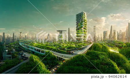 Spectacular digital art 3D illustration eco futuristic city abundant in trees. 94062614