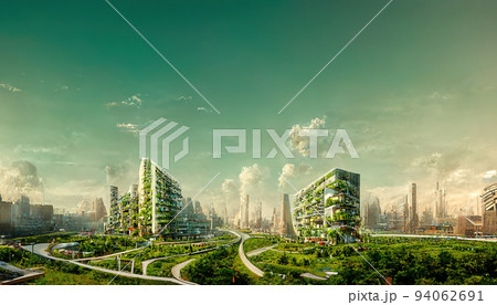 Spectacular digital art 3D illustration eco futuristic city abundant in trees. 94062691