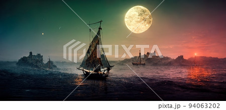 Spectacular digital art 3D illustration of a medieval fantasy sailboat. 94063202
