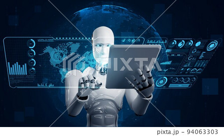 Robot hominoid using tablet computer for global network connection 94063303